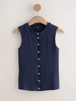 Bleu marine - Haut sans manches côtelé boutonné