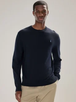 Bleu marine - Logo cerf - Pull col rond riche en coton coupe classique