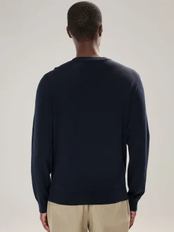 Bleu marine - Logo cerf - Pull col rond riche en coton coupe classique