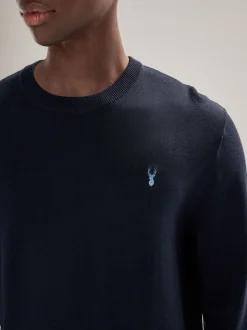Bleu marine - Logo cerf - Pull col rond riche en coton coupe classique