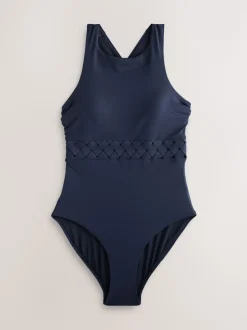Bleu marine - Maillot de bain Col montant Lattice Tummy Control
