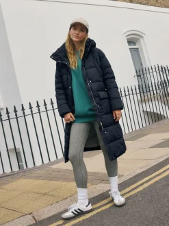 Bleu marine - Manteau long matelassé à capuche résistant à la douche