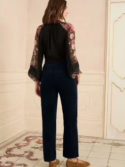 Bleu marine - Pantalon droit Love & Roses en velours côtelé