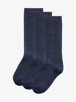 Bleu marine - Paquet de 3 chaussettes d'école à genoux en coton riche Pointelle