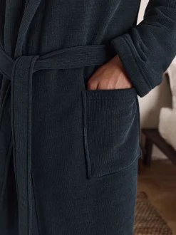 Bleu marine - Peignoir texturé en velours côtelé