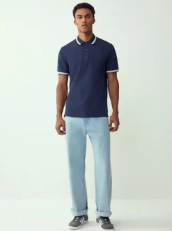 Bleu marine - Polo coupe classique à manches courtes et liserés