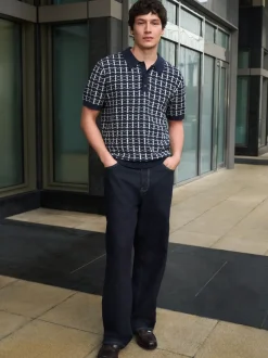 Bleu marine - Polo décontracté en maille à manches courtes et motif géométrique