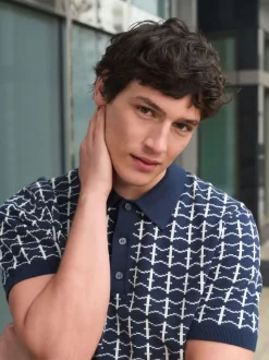 Bleu marine - Polo décontracté en maille à manches courtes et motif géométrique