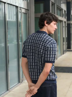 Bleu marine - Polo décontracté en maille à manches courtes et motif géométrique