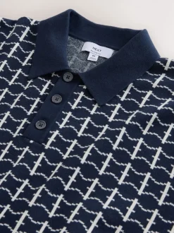 Bleu marine - Polo décontracté en maille à manches courtes et motif géométrique