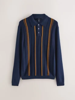 Bleu marine - Polo en maille à manches longues, coupe classique, en coton riche à rayures