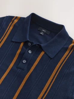 Bleu marine - Polo en maille à manches longues, coupe classique, en coton riche à rayures
