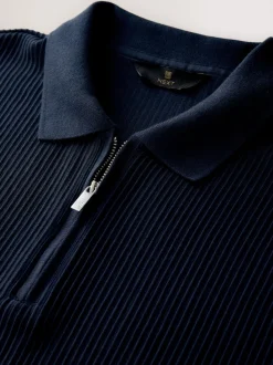 Bleu marine - Polo texturé élégant à col zippé