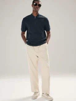 Bleu marine - Polo texturé élégant à col zippé