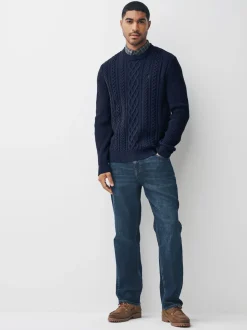 Bleu marine - Pull chemise à torsade Aran Coupe classique