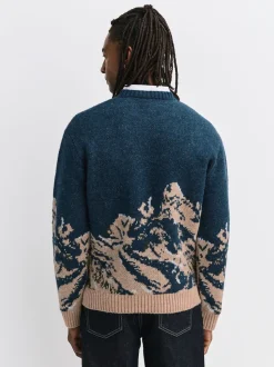 Bleu marine - Pull décontracté à col rond paysage de montagne en maille