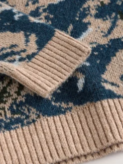 Bleu marine - Pull décontracté à col rond paysage de montagne en maille