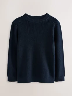 Bleu marine - Pull en maille col rond en coton (3-16ans)