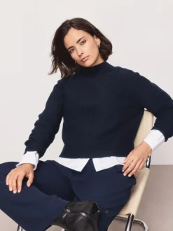 Bleu marine - Pulls ultra-doux à Col montant avec coutures