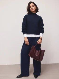 Bleu marine - Pulls ultra-doux à Col montant avec coutures