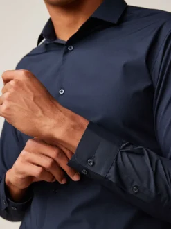 Bleu marine - Slim Fit (Slim Fit) - Chemises intelligentes faciles d’entretien à poignets simples