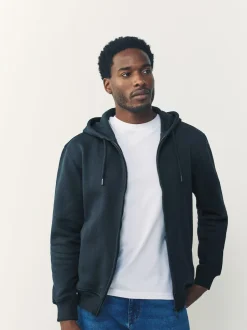 Bleu marine - Sweat à capuche zippé en jersey épais riche en coton