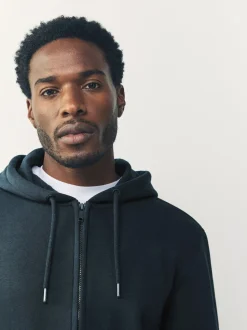 Bleu marine - Sweat à capuche zippé en jersey épais riche en coton