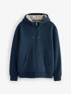 Bleu marine - Sweat à capuche zippé doublé en polaire en peau de mouton