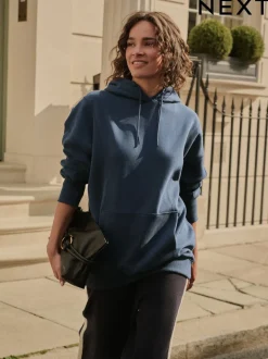 Bleu marine - Sweat-shirt à capuche long actif à coutures apparentes ultra-doux avec poches