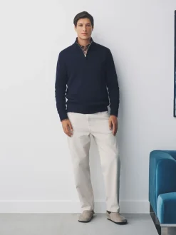 Bleu marine - Uni - Pull N.Premium Coupe classique 100% Coton Premium à fermeture éclair