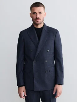 Bleu marine - Veste de costume à carreaux Signature Marzotto 100% en laine italienne à double boutonnage