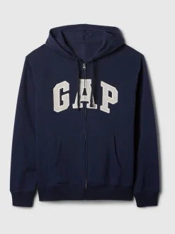 Bleu marine - Zippé sur toute la longueur - Sweat à capuche doublé en polaire avec logo Gap