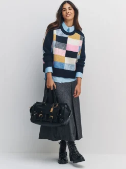 Bleu marine multicolore patché - Pull en maille à col rond en laine