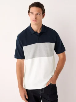 Bleu marine/gris - 100% Coton Manches courtes Polo bloc boutonné