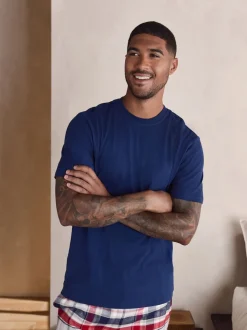 Bleu marine/gris - Ensemble pyjama tissé à carreaux à manches courtes