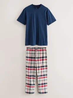 Bleu marine/gris - Ensemble pyjama tissé à carreaux à manches courtes