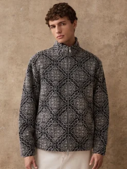 Bleu marine/gris imprimé - Polaire à col cheminée zippé