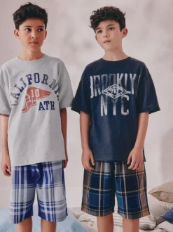Bleu marine/gris universitaire - Carreaux Pyjamas courts tissés 2 Lot de (4-16ans)