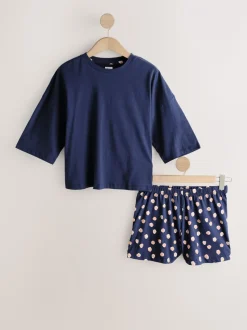 Bleu marine/jaune à pois - Ensemble de 2 pyjamas shorts