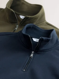 Bleu marine/vert kaki - Lot de 2 sweat-shirts à col zippé en jersey épais riche en coton