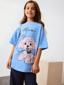 Bleu motif caniche - T-shirt oversize imprimé graphique (3-16ans)