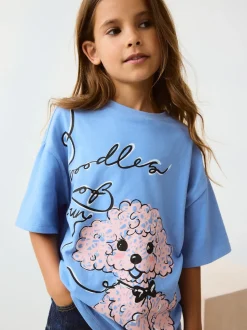 Bleu motif caniche - T-shirt oversize imprimé graphique (3-16ans)