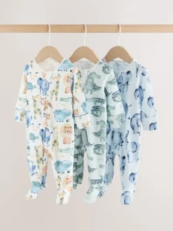 Bleu motif safari - Combinaisons de nuit à fermeture éclair pour bébés 3 Pack (0mths-2yrs)