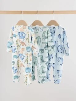 Bleu motif safari - Combinaisons de nuit à fermeture éclair pour bébés 3 Pack (0mths-2yrs)