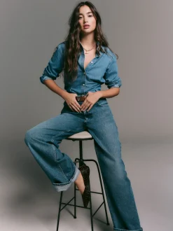Bleu moyen - Chemise en denim ajustée à manches longues à taille cintrée