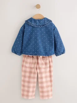 Bleu moyen - Ensemble chemise Denim et Pantalons à Carreaux (3mois-7ans)