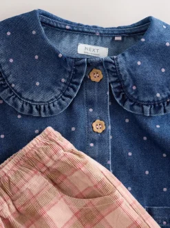 Bleu moyen - Ensemble chemise Denim et Pantalons à Carreaux (3mois-7ans)