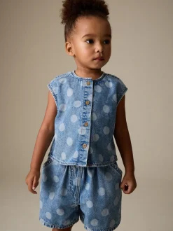 Bleu moyen - Ensemble gilet et Shorts Denim à pois (3mois-7ans)