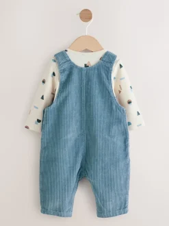 Bleu moyen - Ensemble salopette et body en velours côtelé (0mois-2ans)