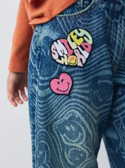 Bleu moyen - Jean ample imprimé SmileyWorld® (3-16ans)